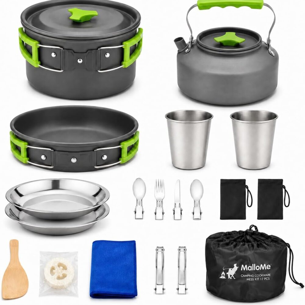 MalloMe Camping Cookware Mess Kit for Backpacking Gear – Camping Cooking Set - Camping Pots and Pans Set - Backpacking Stove/Portable Stove Compatible - Camp Kitchen Equipment Accessories Pot
