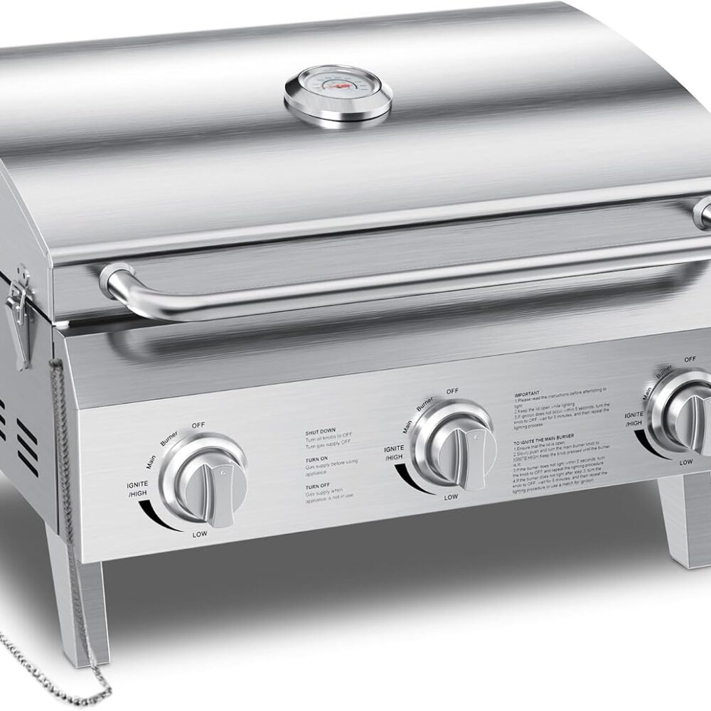 3-Burner Tabletop Gas Grill 30,000 BTUs Portable Propane Grill